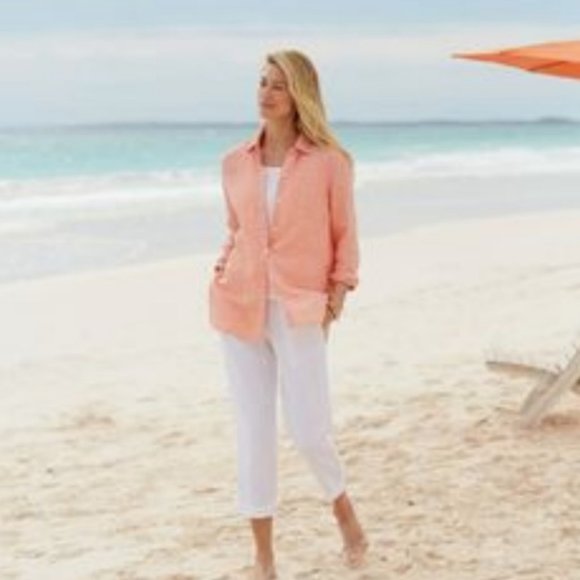 J. Jill Love Linen Button Down Shirt in Peach, size M - Picture 2 of 10